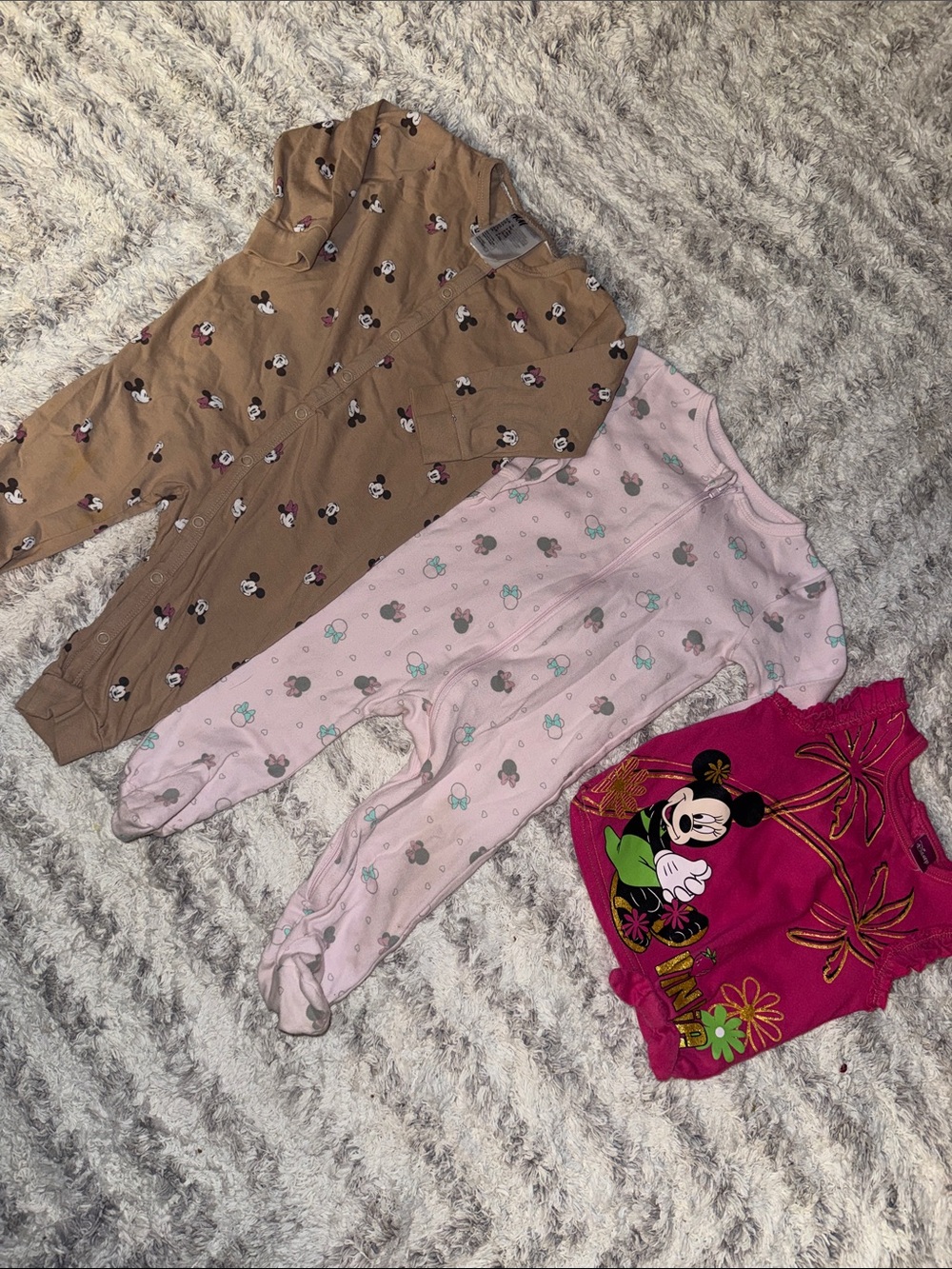 6-9m Disney Kids Minnie Mouse Pink & Brown Pajama Set - Sleepers x2 plus Top